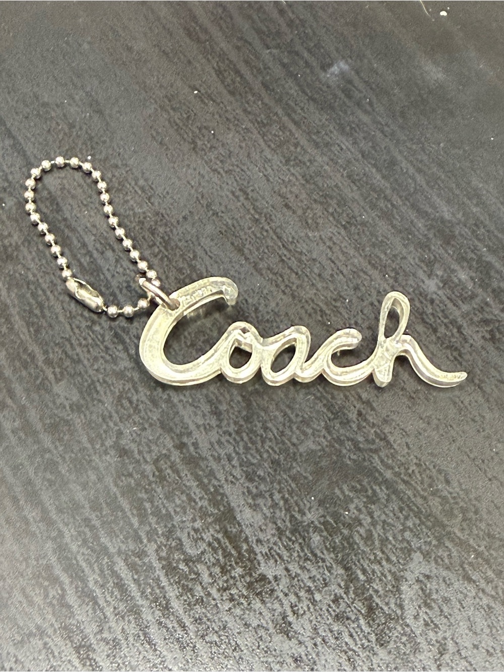 COACH Silver Acrylic Script Signature Hang Tag Purse Charm Poppy RARE